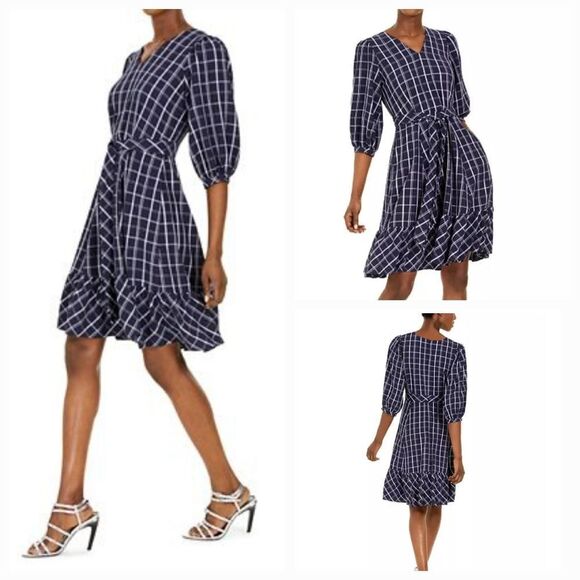 Calvin Klein Navy Belted Plaid Gauze Dress Balloon Puff Sleeves A-line CK Career - Picture 2 of 16